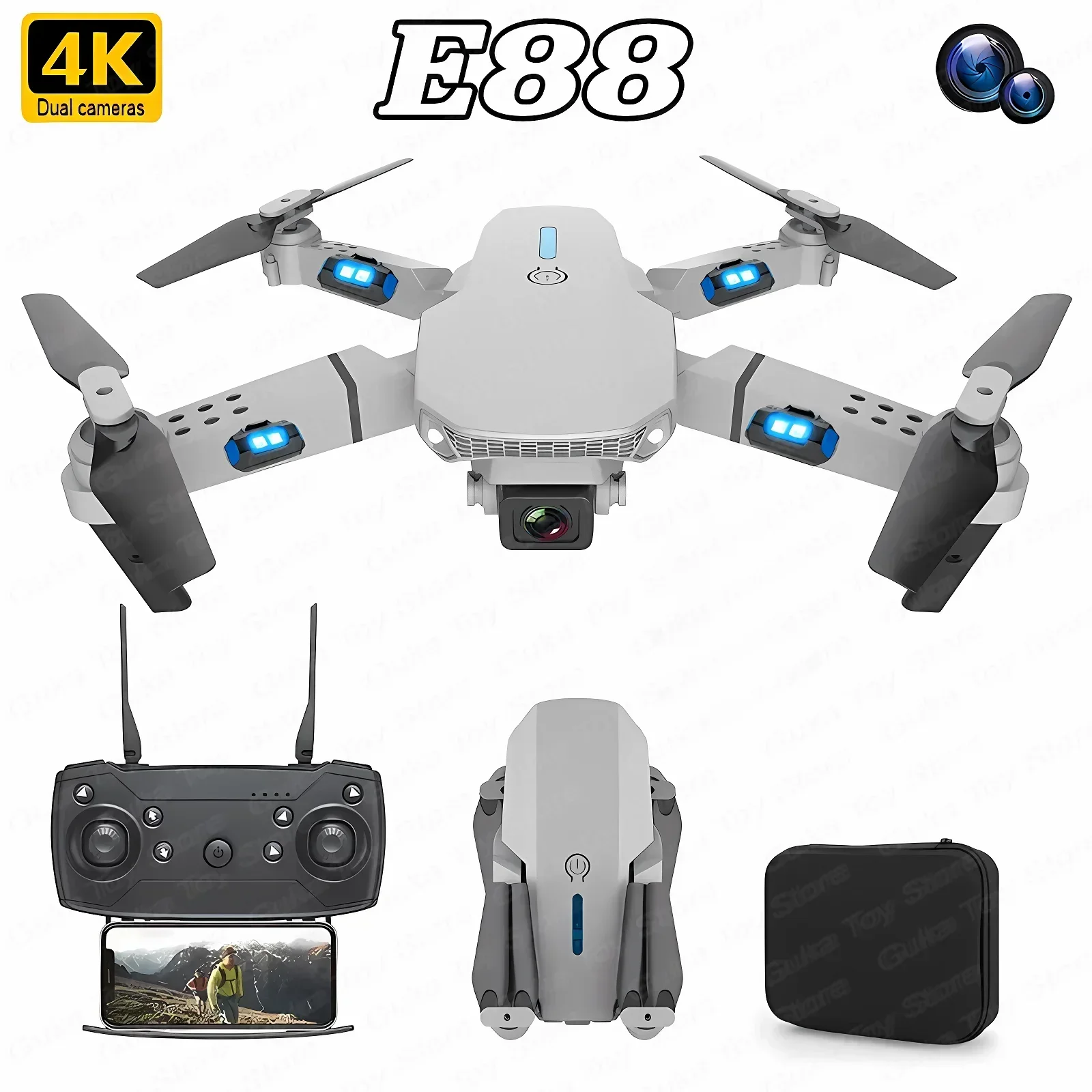 Drone Rc Fpv Pro - 折りたたみ式クワッドコプター,e88プロ広角fpv,wifi,hd,4k,1080p,カメラ,高さ保持,rc,ヘリコプターのおもちゃ,男の子へのクリスマスプレゼント