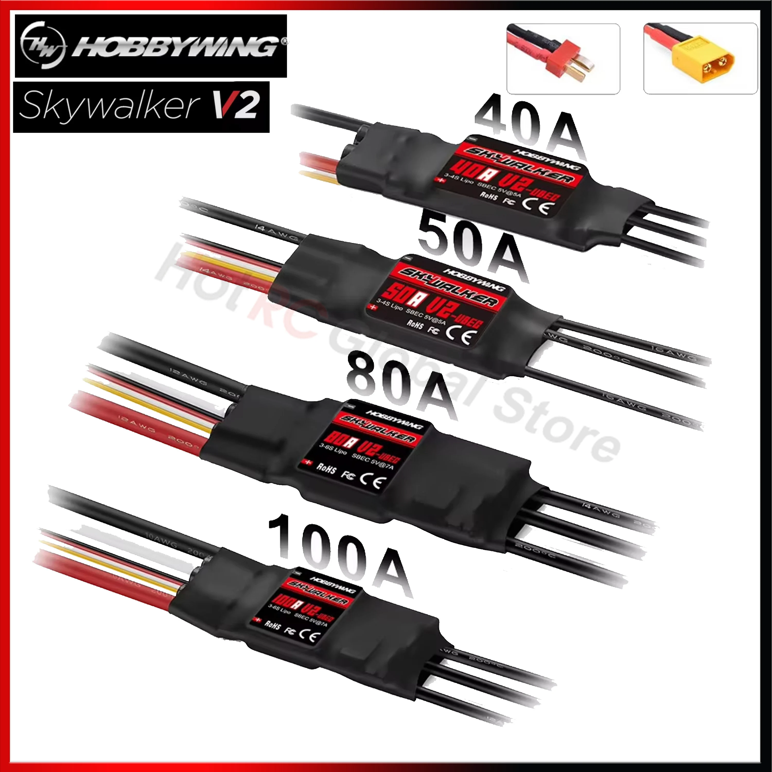 Drone Rc Y Series - Hobbywing-skywalker escスピードコントローラー,rc fpvドローン,クワッドコプター飛行機,v2シリーズ,40a 50a 80a 100a,txt60プラグ用